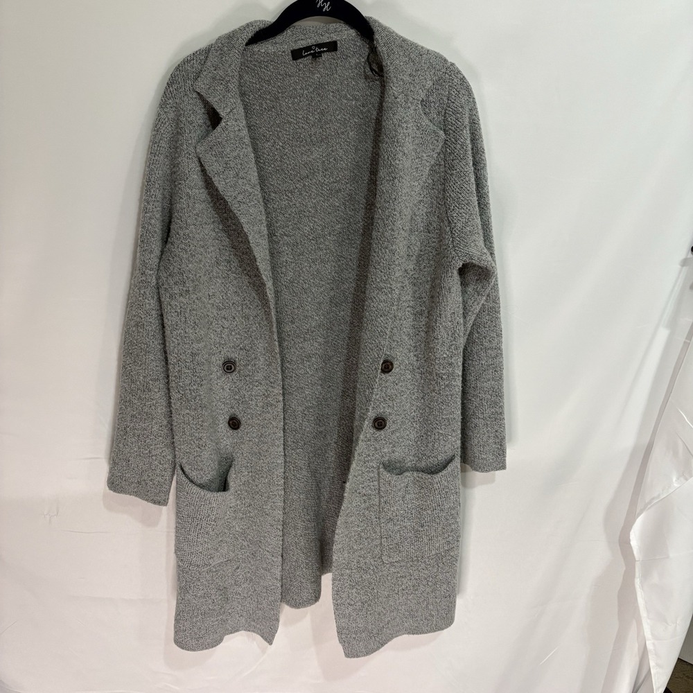 Love Tree Longline Cardigan Sweater Womens Large Gray Open Front Pockets 9804WN